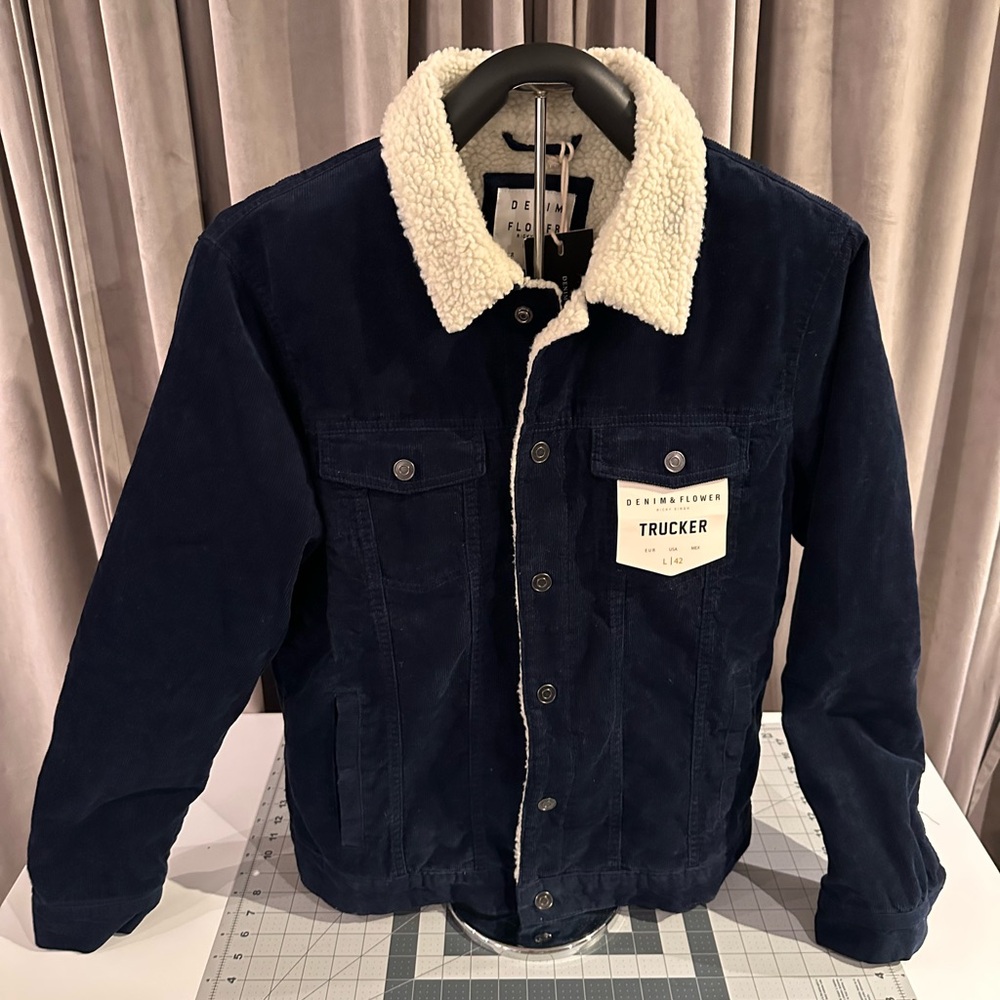Denim and Flower Navy Corduroy Jacket with Sherpa Collar